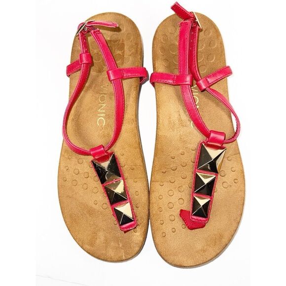 Vionic Sandals 8 Nala Thong Red Leather T Strap Gold Slingback Comfort Flats - Picture 15 of 15